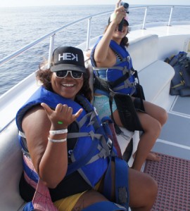 My roommate and I, Brittany Talamantes, cruising on the boat. Photo courtesy of Hawaiian Parasailing Inc.