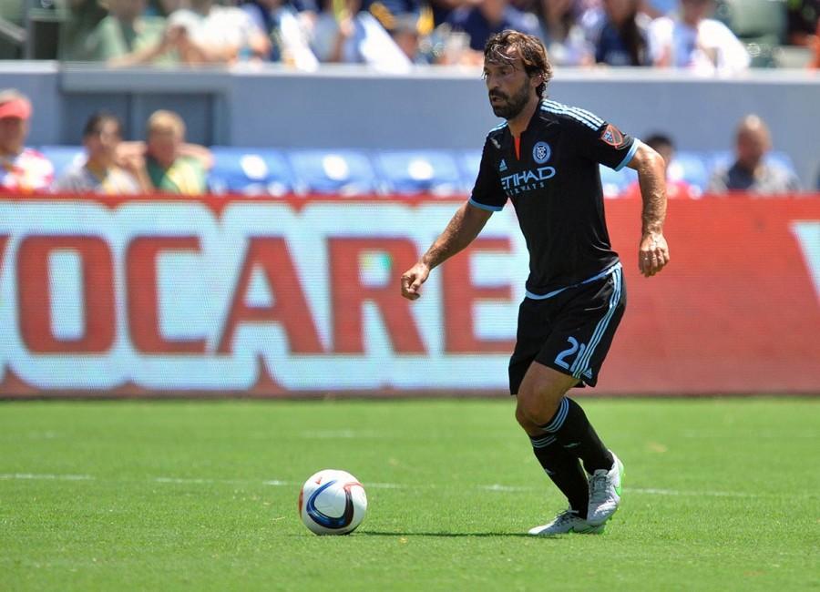 August 23, 2015; Carson, CA, USA; New York City FC midfielder Andrea Pirlo (21) moves the ball against Los Angeles Galaxy during the first half at StubHub Center. Mandatory Credit: Gary A. Vasquez-USA TODAY Sports