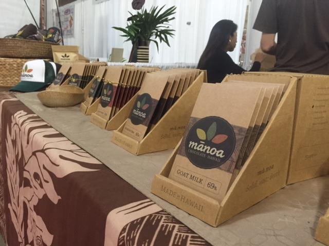 Manoa Chocolate all lined up at the Hawaii Chocolate Festival.