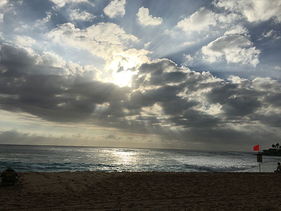 Sunset at beautiful Makaha Beach where ten-year-old Raymond Senensi was viscously attacked. 