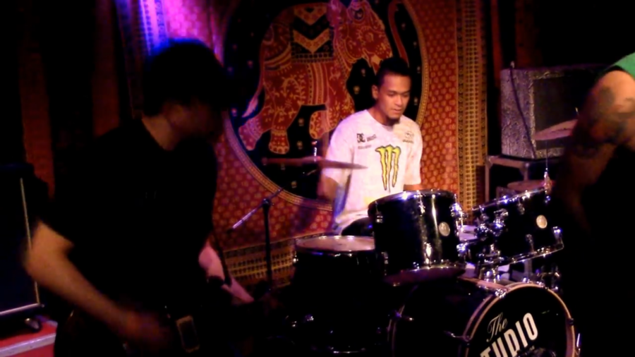 Daniel playing drums with Shipwrecks May 2017 at The Studio at Hawaiian Brians