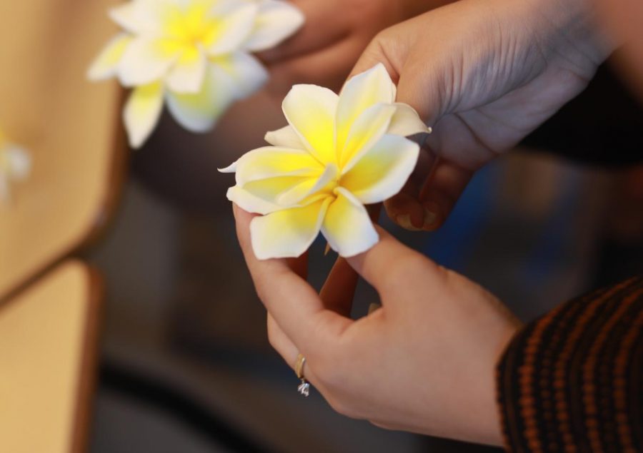 The women add plumerias to their costumes as a finishing touch before they perform. 