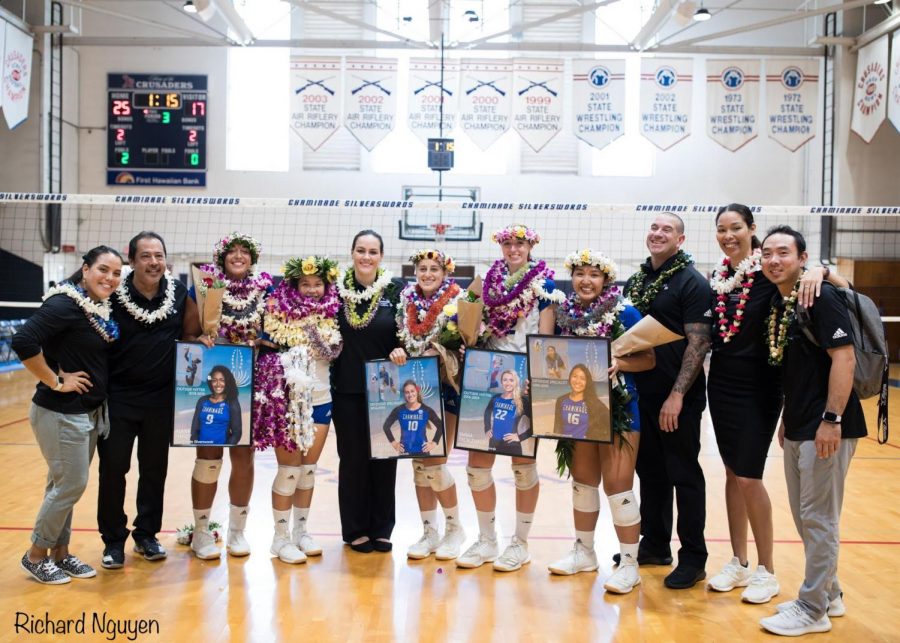Chaminade+University+womens+volleyball+seniors+and+coaches+Kuulei+Kabalis-Bianconi%2C%C2%A0Kawika+Hasegawa%2C%C2%A0Alana+Handy%2C%C2%A0Natashya+Enos%2C%C2%A0Kahala+Kabalis+Hoke%2C%C2%A0Isabella+Tessitore%2C%C2%A0Emma+Tecklenburg%2C%C2%A0%C2%A0Nina+Torio%2C%C2%A0Jorge+Negron%2C%C2%A0Amanda+Vazquez%2C+and%C2%A0Jarrett+Fujita%C2%A0%28left+to+right%29+pose+for+a+picture+on+Saturday+afternoon+at+McCabe+Gymnasium+after+a+final+victory+for+the+team+against+Holy+Names+on+Aloha+Senior+Day.%C2%A0