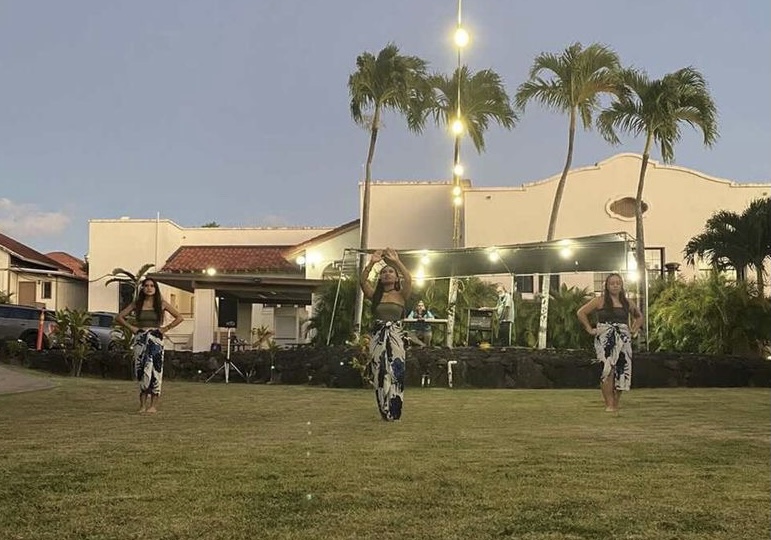 From left to right, Emily Ramirez, Adora Erguiza, and Jackie Martinez perform the Bendision, a traditional blessing and chant from Guam as part of the Taotao Marianas Club performance for Pacific Island Review.