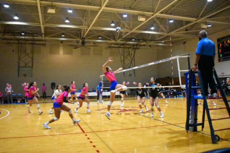Lataisia Saulala going up for the kill as the Chaminade womens volleyball team squared off against HPU with 72 fans in attendance at McCabe Gym Wednesday night.