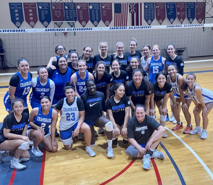 Members of the Chaminade volleyball team and women’s basketball team gather for a picture after their bonding activity. 