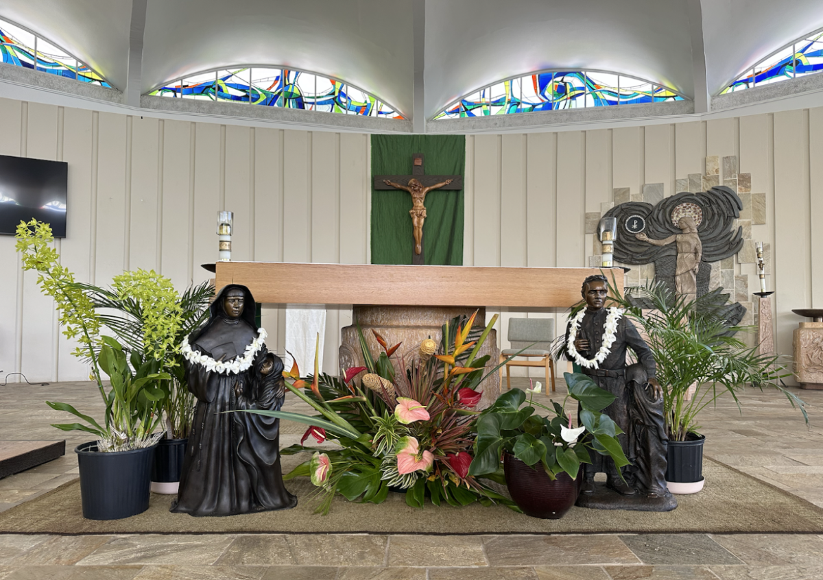 Saints Mother Marianne and Father Damien are housed in the Mystical Rose Oratory at Chaminade University of Honolulu. 